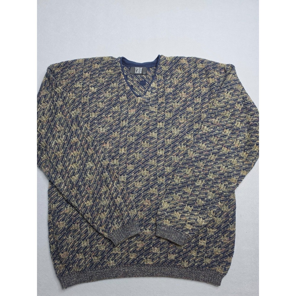 Vintage TSR USA Sweater Men 2XL Multicolor Geometric Knit V-Neck Warm Wear Retro